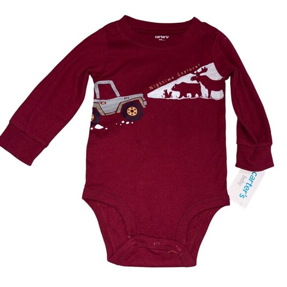 Carters Nighttime Explorer Long-Sleeve Burgundy Baby Onesie 6M 100% Cotton Set o - Picture 1 of 6